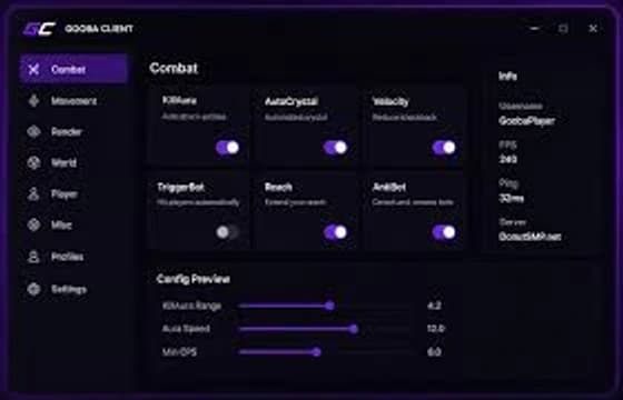 Gooba Client interface running inside Minecraft